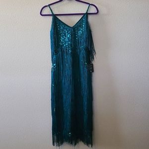 Lulus sequin tiered emerald green fringe dress, new with tag
